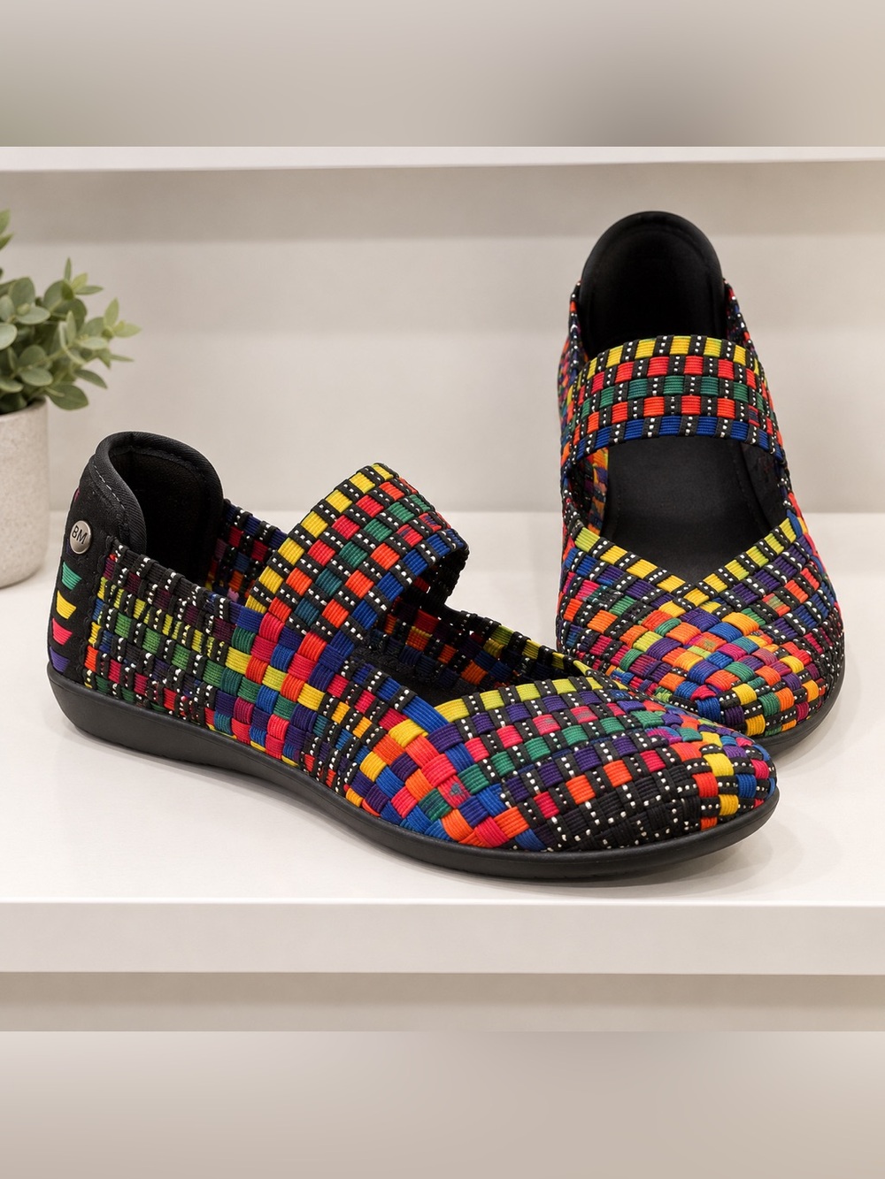 NIB Bernie Mev Cuddly Black Multi Rainbow Woven Mary Jane Flats EU 39
